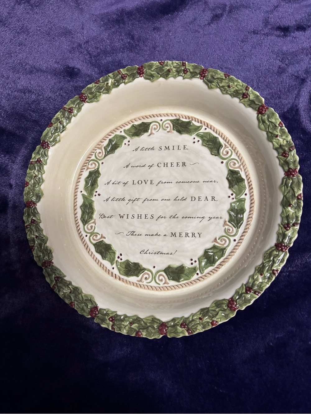 Holiday Holly Ceramic Pie Plate- Cream with Green and Red Accents